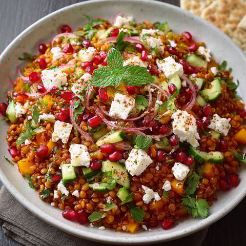 A bowl of food with feta cheese and red peppers.