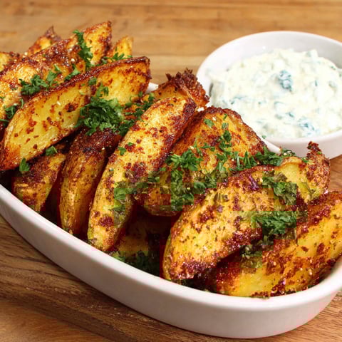 A white bowl filled with fried potatoes and a white bowl of dipping sauce.