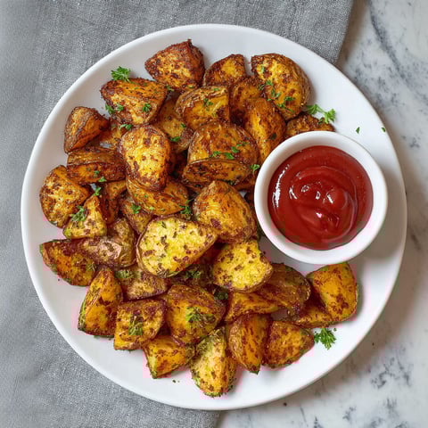 A plate of fried potatoes with a ketchup dipping sauce.