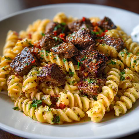 A plate of garlic butter steak and pasta.