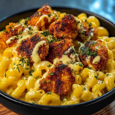 A bowl of honey pepper chicken mac and cheese.