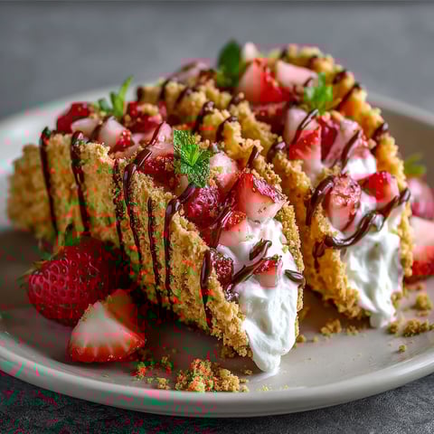 A plate of strawberry crunch cheesecake tacos.