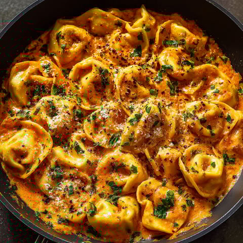 A bowl of pasta with a spicy garlic butter sauce.