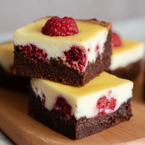 A slice of cheesecake brownies with raspberries on top.