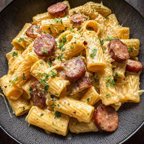A bowl of pasta with sausage and herbs.