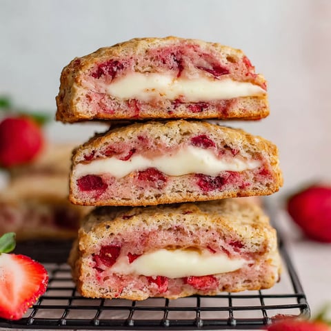 Three stacked slices of vegane strawberry cheesecake cookies.