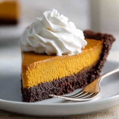 A slice of chocolate pumpkin pie with whipped cream on top.