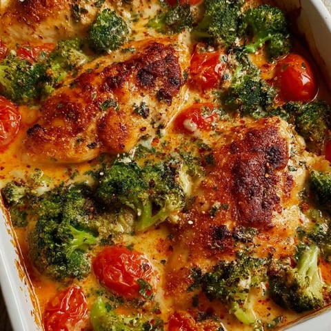 A dish of chicken with broccoli and tomatoes.
