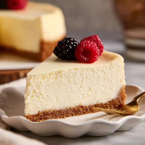 A slice of cheesecake with a berry on top.