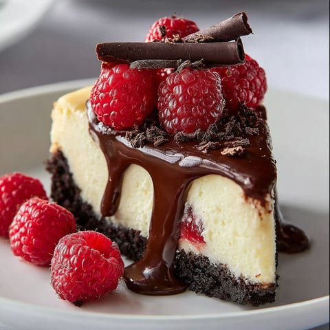 A slice of cheesecake with chocolate drizzle and raspberries on top.
