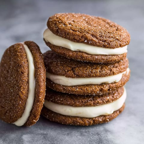A stack of ginger-molasses-sandwich cookies with white frosting.