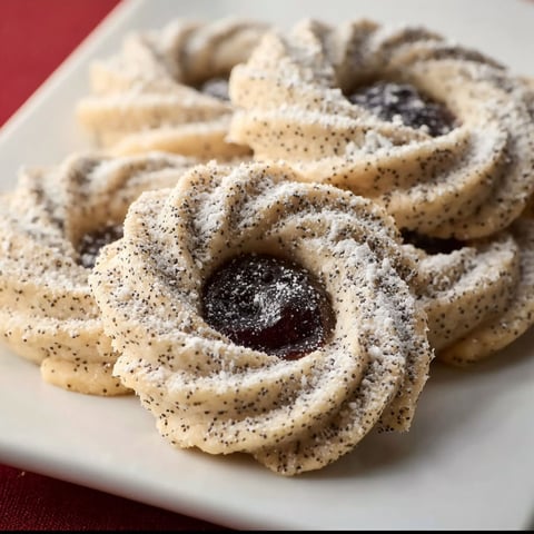 A plate of cookies with jelly in the middle.