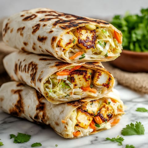 Three Sweet Chili Halloumi Wraps stacked on a table.