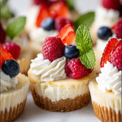Mini cheesecake cups with strawberries and blueberries on top.