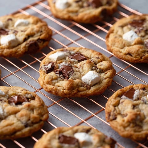 A tray of cookies with marshmallows on top.