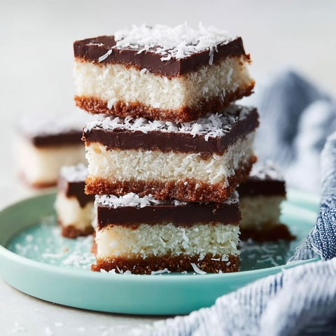 A stack of cake bars with coconut on top.