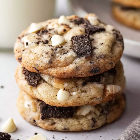 Three stacked cookies with white cream.