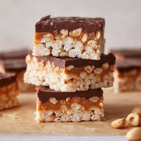 A stack of Snickers Rice Crispy Treats.
