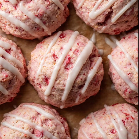 A plate of strawberry cookies with white icing.