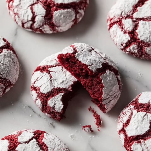 A close up of a red velvet crinkle cookie.