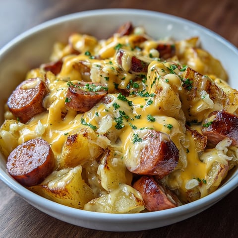 A bowl of food with a sausage and potatoes.