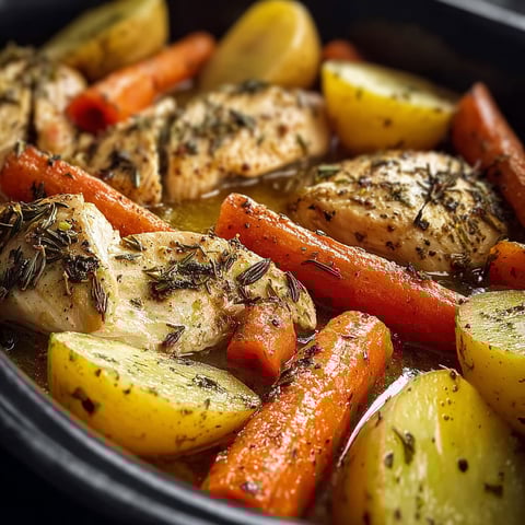 A slow cooker with chicken, potatoes, carrots, and onions.