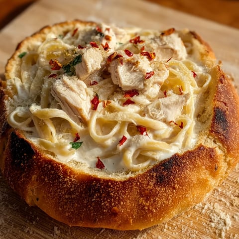 A bowl of chicken alfredo garlic bread.