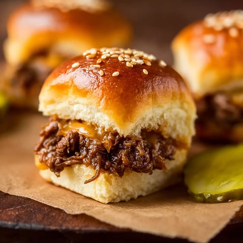 A plate of cheeseburger sliders with pickles on the side.