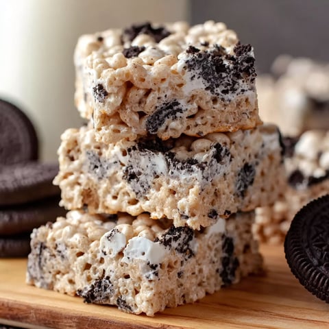 A stack of rice krispie treats with oreo cookies.