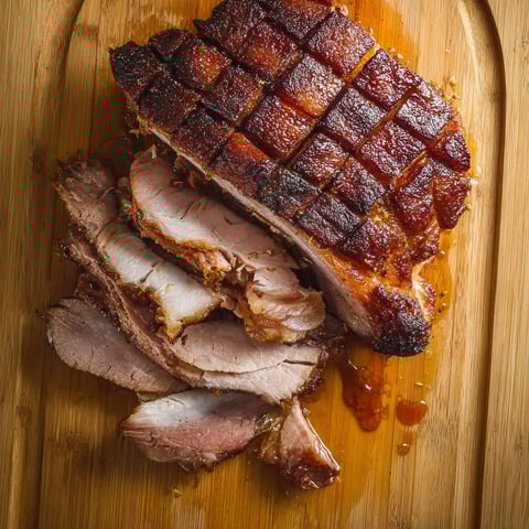 A piece of meat on a wooden cutting board.