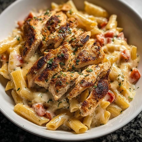 A bowl of pasta with chicken and cheese.