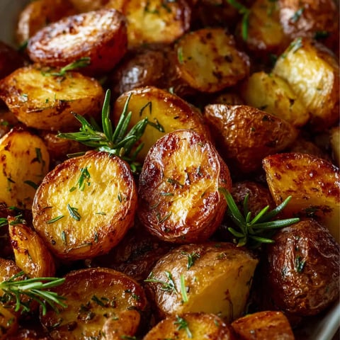 A plate of roasted potatoes with herbs on top.