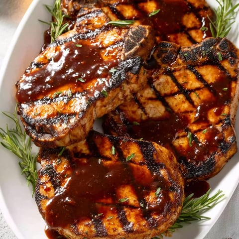 A plate of pork chops with honey and garlic sauce.
