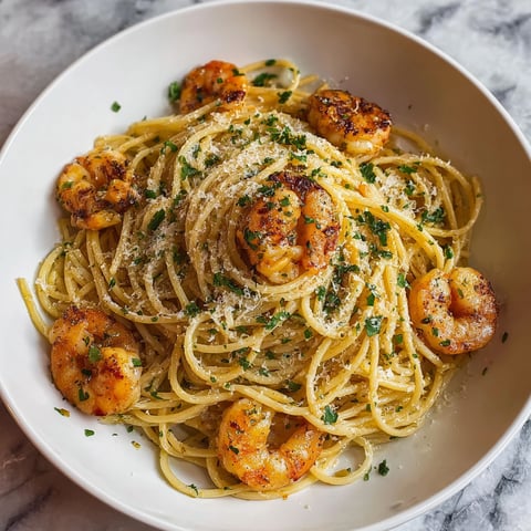 A bowl of pasta with shrimp and herbs.
