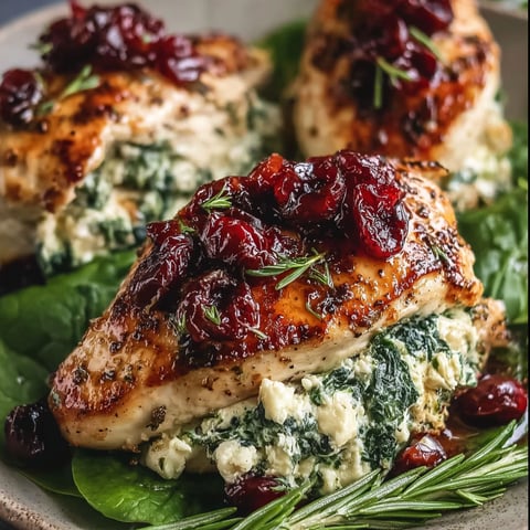 A plate of chicken with spinach and cranberry sauce.