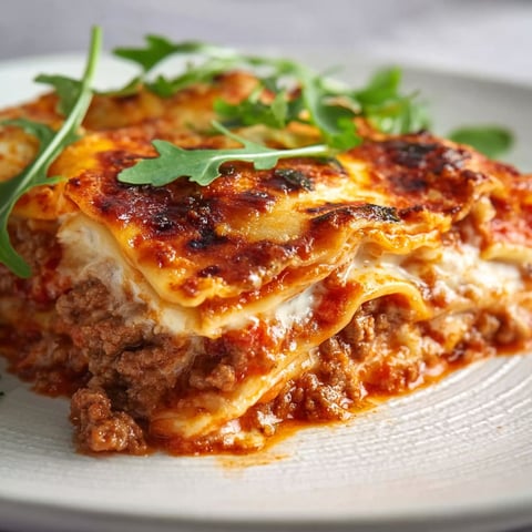 A plate of lasagna with green toppings.