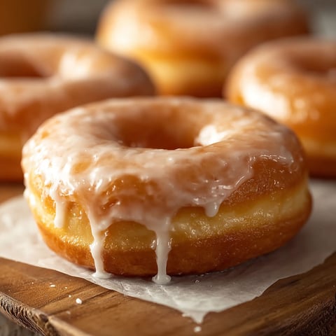 A dozen glazed doughnuts on a wooden tray.