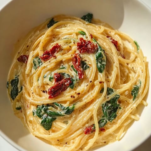 A bowl of spaghetti with spinach and tomatoes.