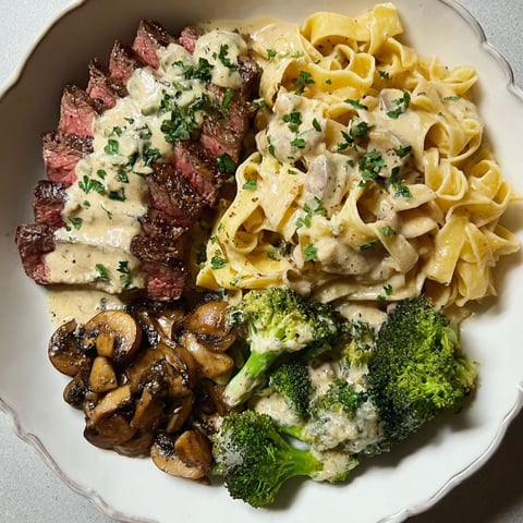 A plate of food with meat, pasta, mushrooms, and broccoli.