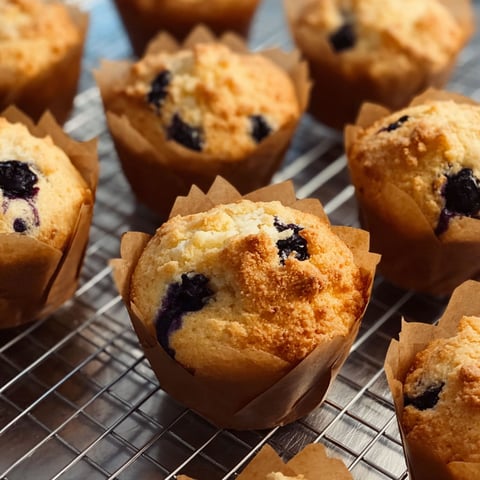 A tray of muffins with blueberries on top.