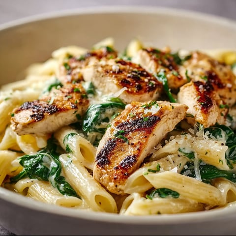 A bowl of pasta with chicken and spinach.