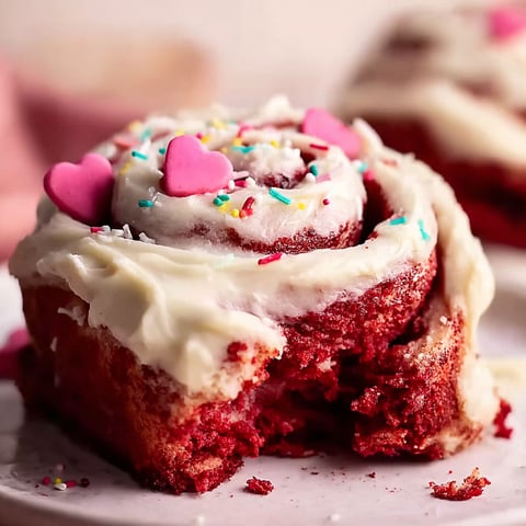Red velvet cinnamon rolls with white frosting and sprinkles.