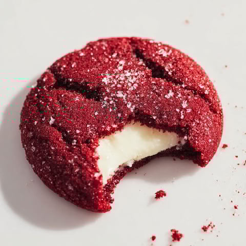 A half eaten red velvet cheesecake cookie.
