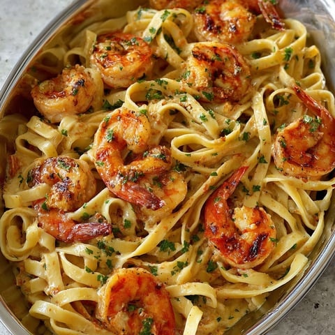 A bowl of pasta with shrimp and herbs.