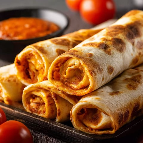 Two pepperoni pizza rolls on a plate.